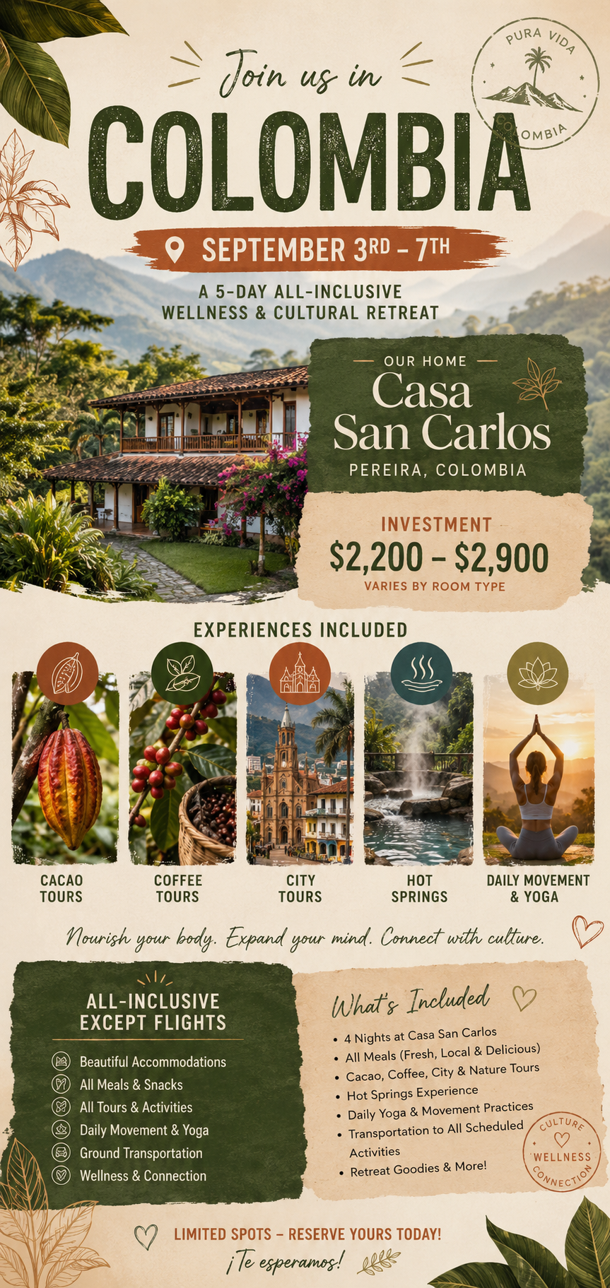 Colombia Luxury Wellness Retreat September 3–7 | Casa San Carlos, Pereira, Colombia