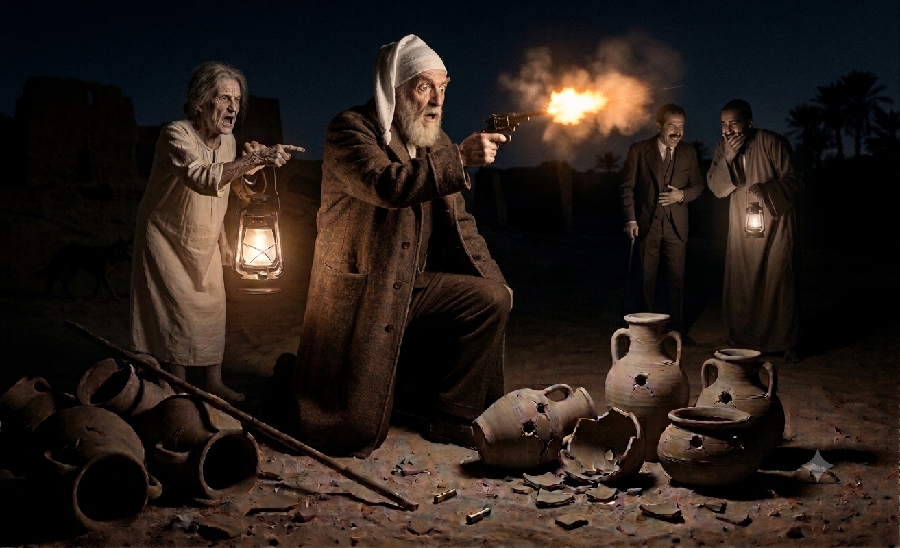 A group of five people in historical clothing at night, with one man kneeling and firing a pistol, surrounded by broken pottery and artifacts on the ground, holding lanterns, with a desert landscape in the background.