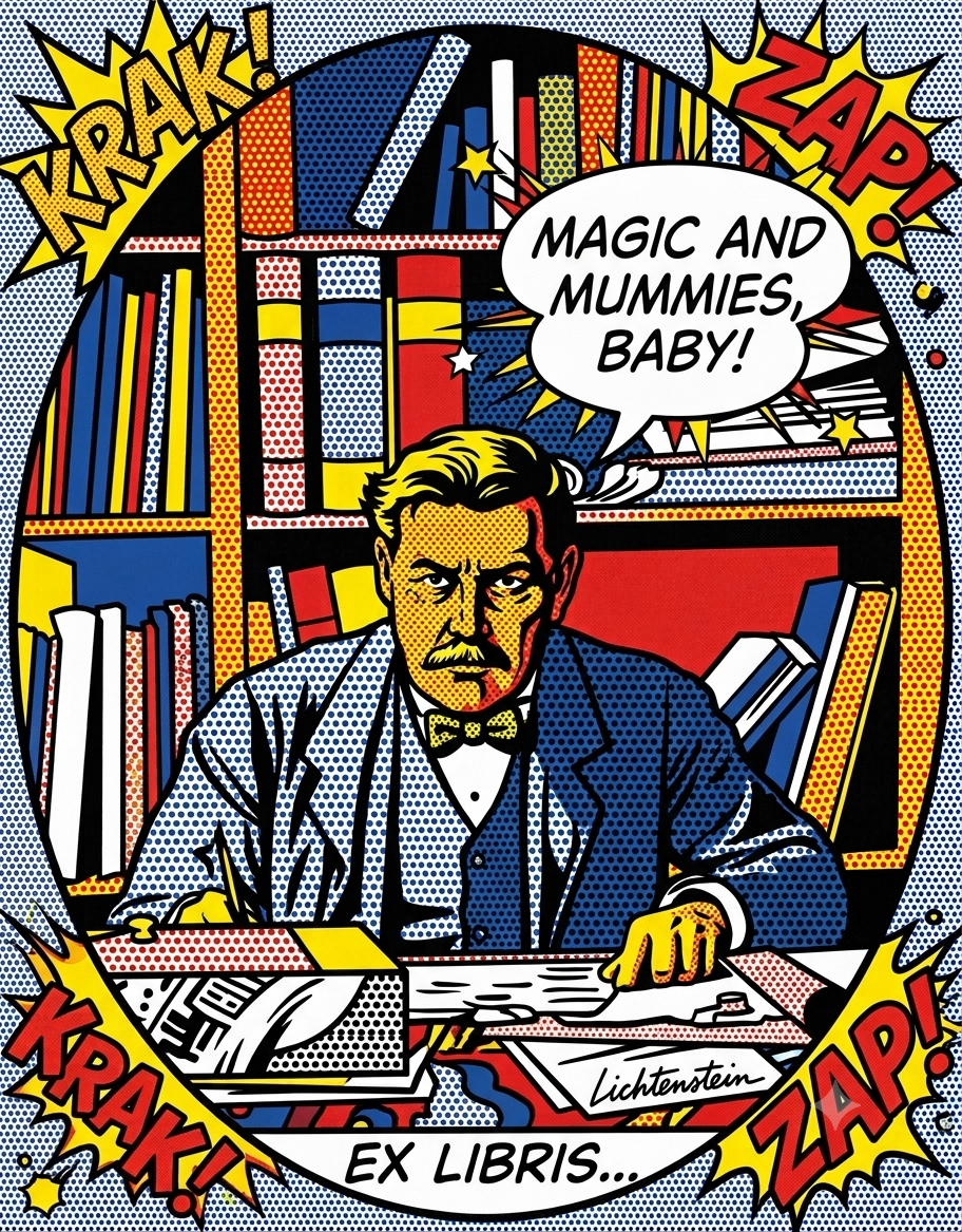 Comic book style illustration of a man with a serious expression, sitting at a desk with bookshelves in the background. The scene features comic sound effects like "KRAK!, ZAP!" and the speech bubble says "Magic and mummies, baby!" The image is signed by Lichtenstein and has a caption "EX LIBRIS...".