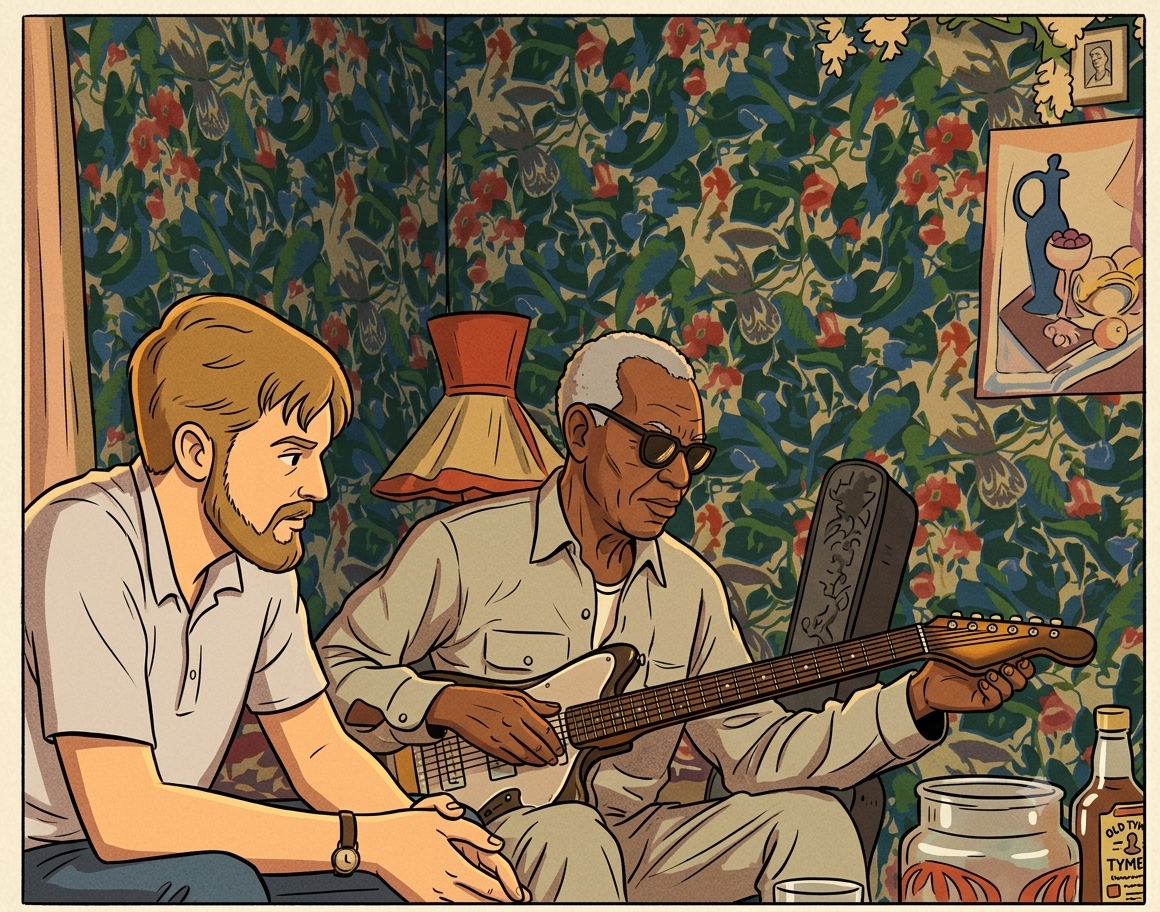 Two men sitting in a room with floral wallpaper, one playing a guitar and the other sitting with his hands clasped, looking down. There is a lamp, a framed photo on the wall, and a bottle of whiskey on the table.