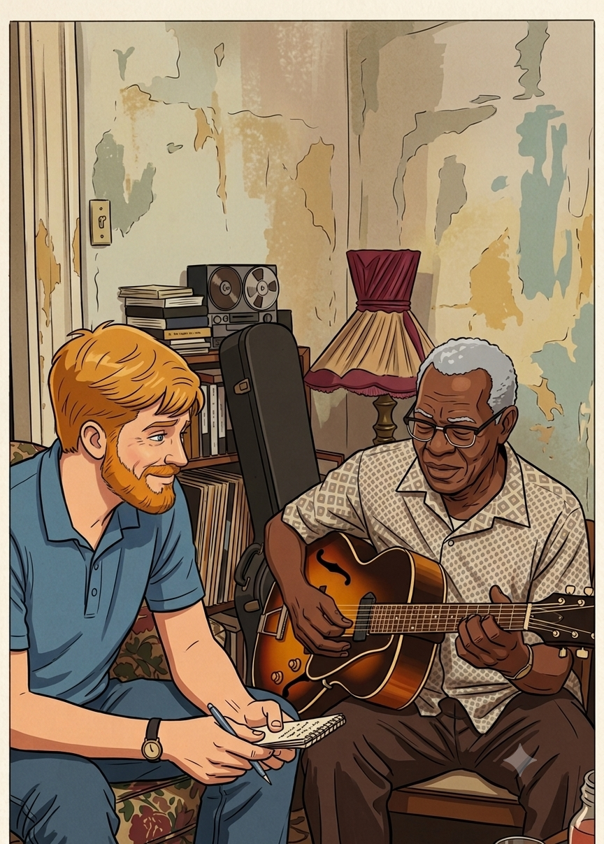 An older man with gray hair and glasses playing an acoustic guitar, while a young man with red hair and a beard, taking notes with a pen on a notepad, observes him in a cozy, slightly worn room with peeling paint on the walls, a lamp, and shelves filled with books and a stereo.