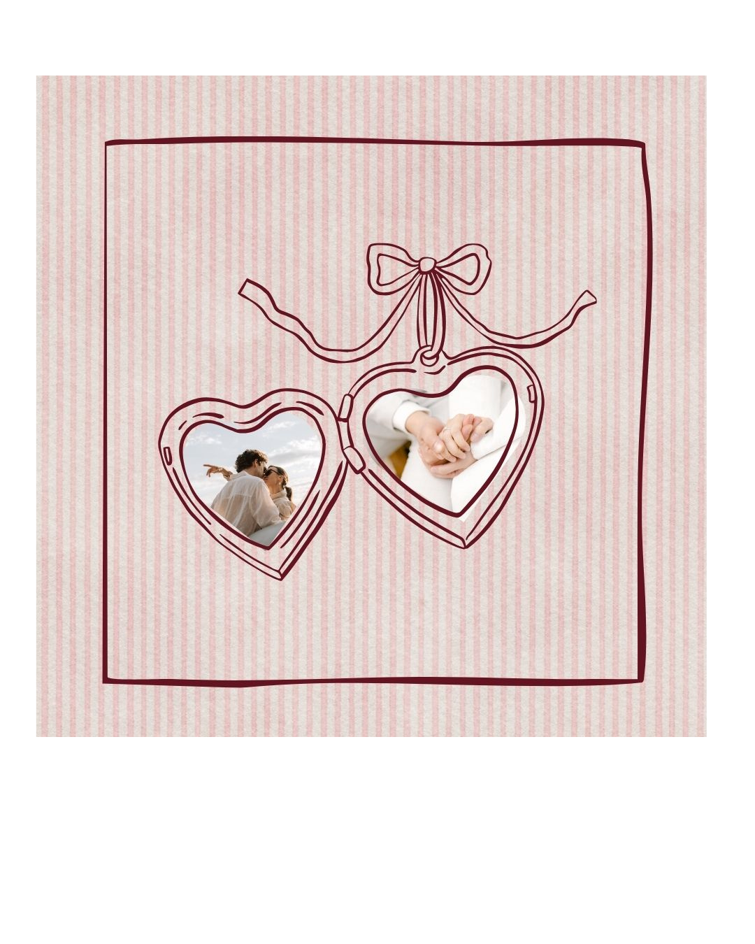 A pink, striped gift box with a bow and two hanging heart-shaped photo frames containing images of couples.