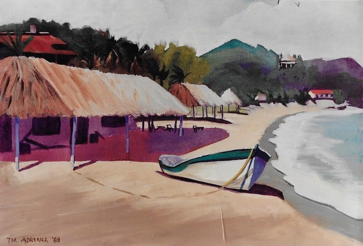 Vintage painting of a Sayulita beach with thatched palapas and a wooden boat
