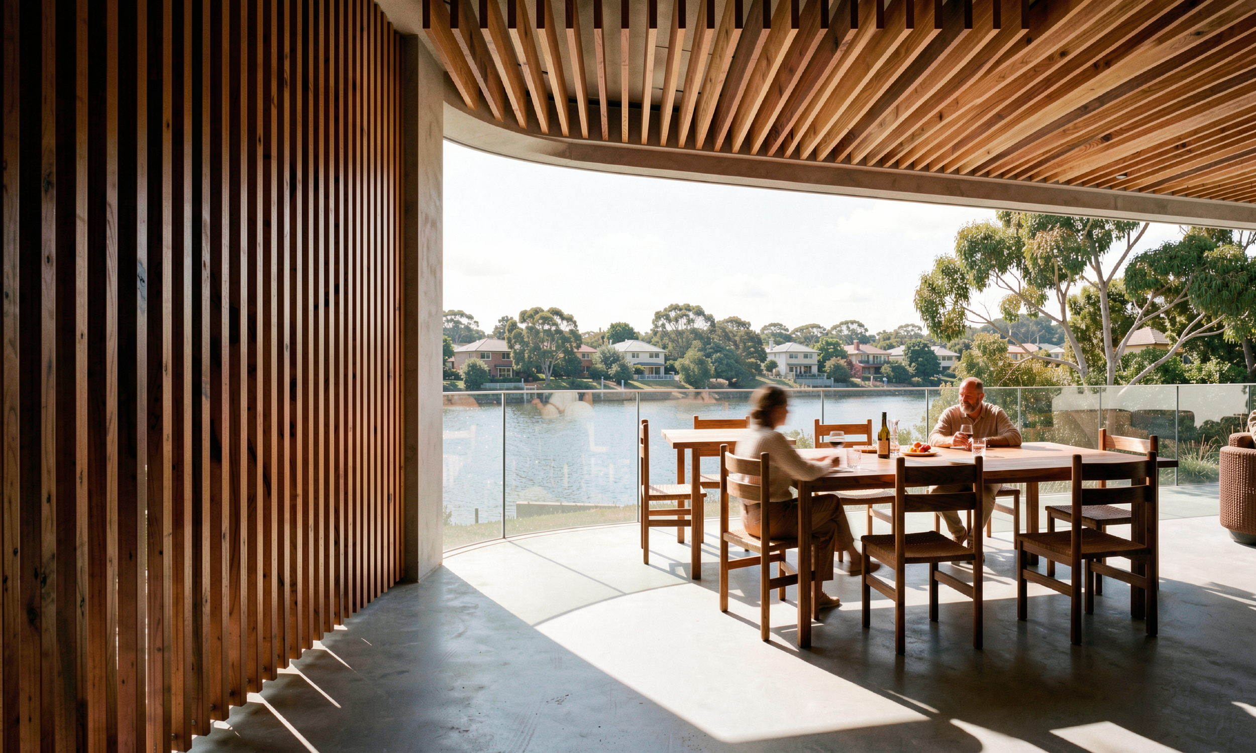 Covered outdoor balcony render with polished concrete flooring timber batten ceiling and glass balustrades framing river views in Pleasure Point