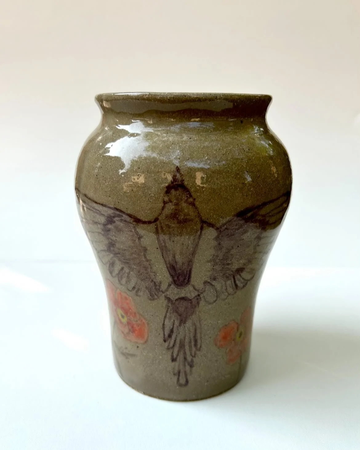 Underglaze painted pot &mdash; magpie and poppies