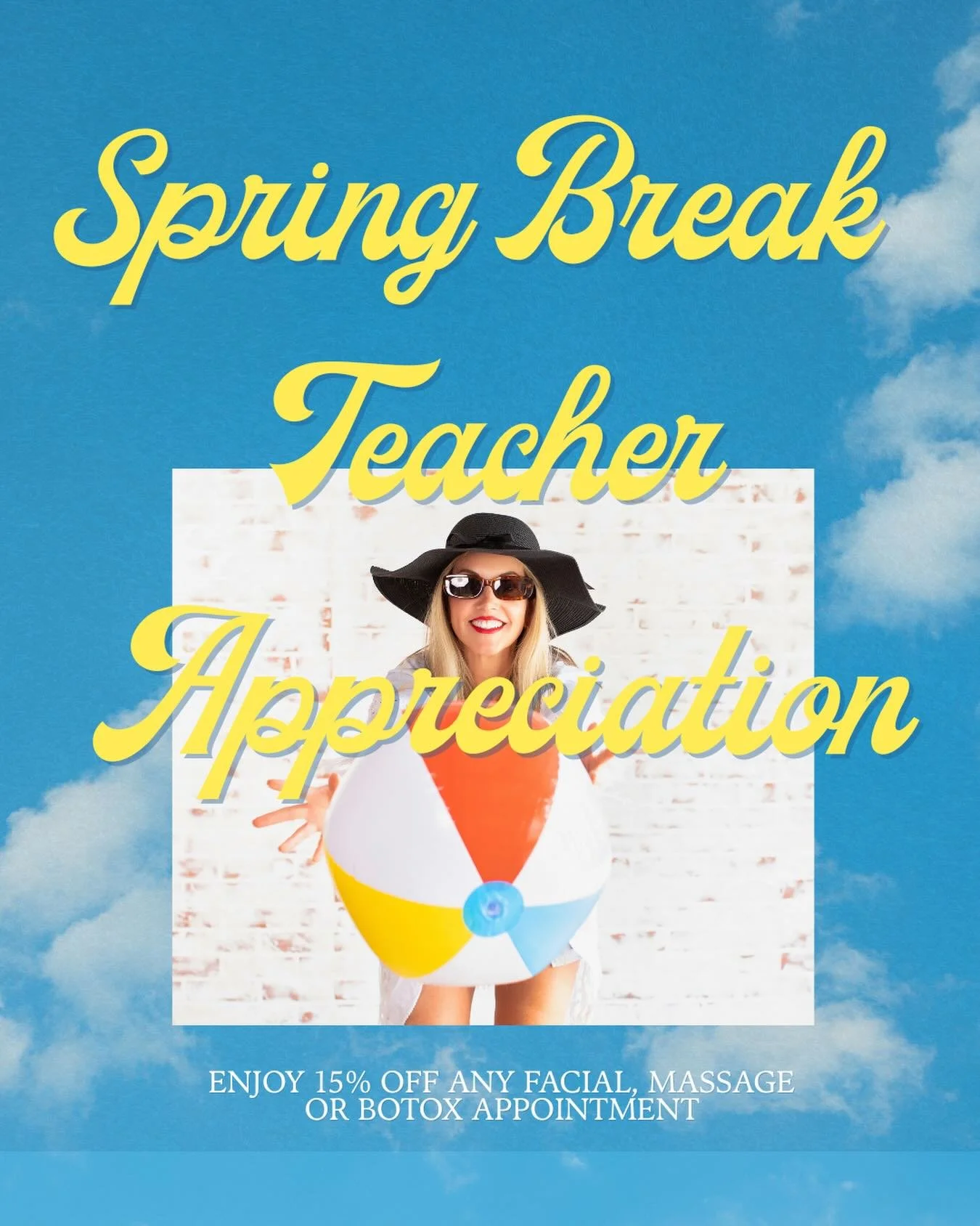 Teachers 🍎 this one is for you!

Saturday, March 14th until Sunday, March 22nd enjoy 15% off Botox with Val, Any Facial or Massage 🥱 

You spend the year giving so much to others- this is your moment to recharge, relax and take care of you ❤️

Appo