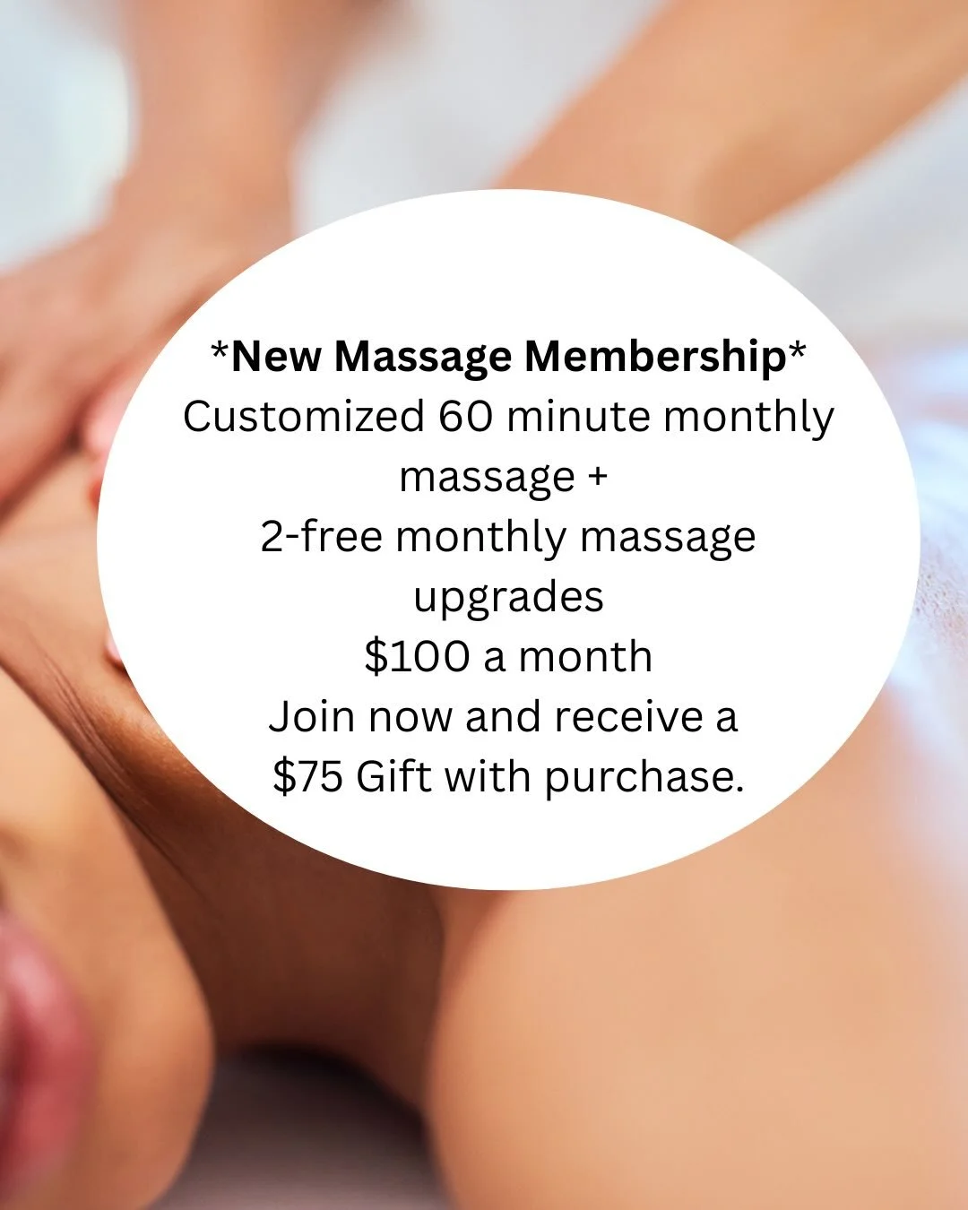 Every month you'll receive:
A customized 60 minute massage tailored to your unique needs that enhances your well being.
2 Free therapeutic upgrades ✨
💆cooling arnica for tired muscles
🌱Aromatherapy
😌Scalp massage with an Epicuren nourishing oil to