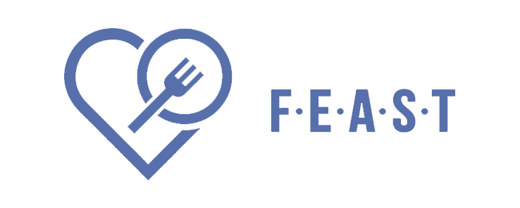 A logo featuring a heart shape with a fork inside, followed by the word "F.E.A.S.T".
