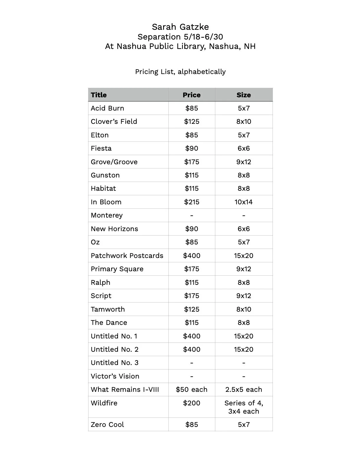 This image is a pricing list for the art available for sale, currently on view at the Nashua Public Library