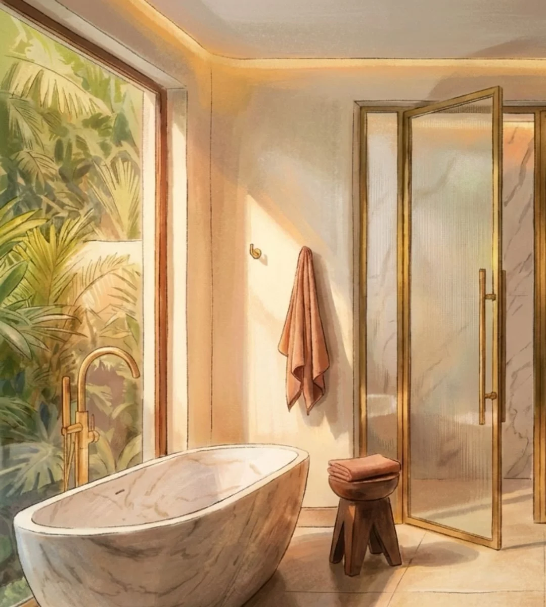 Check out our bathroom concept - a gorgeous marble bath is positioned in front of the window, offering serene views of the courtyard. We've blended natural materials and earthy hues to craft a tranquil space.
