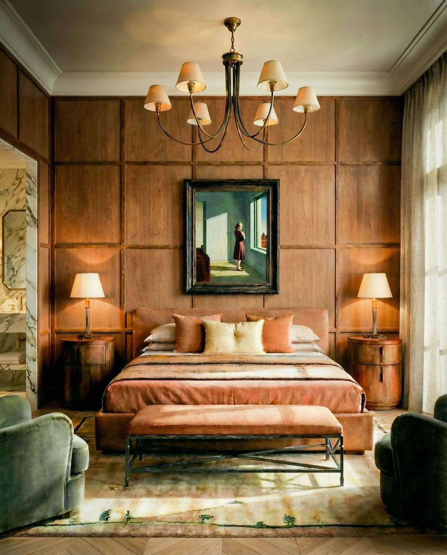 Our bedroom concept blends classic and contemporary styles, featuring simple paneling, timeless lighting, and warm colors.