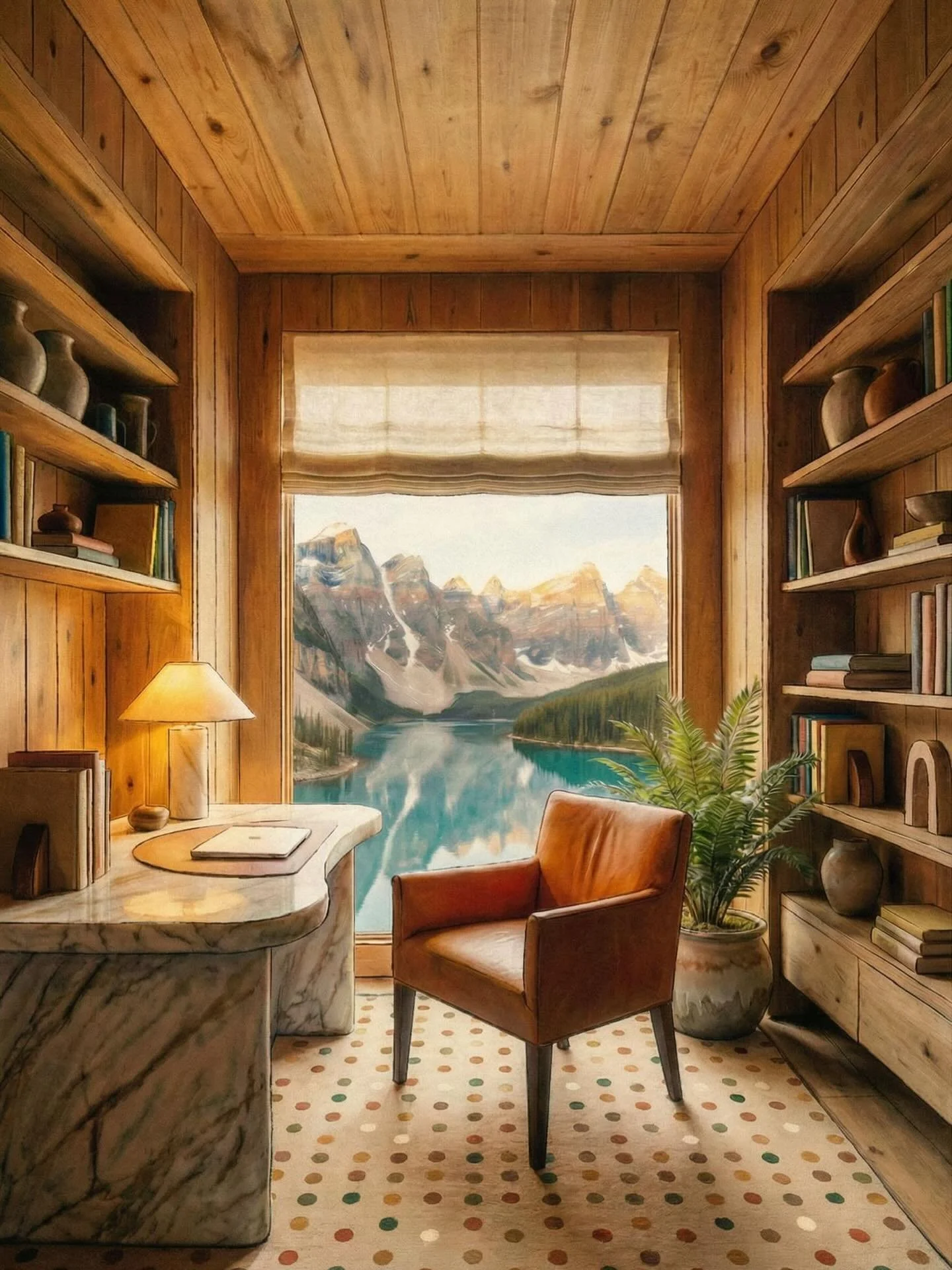 Our Swiss Alps study concept pairs warm wood panelled walls and ceiling with a soft desk and a playful floor.