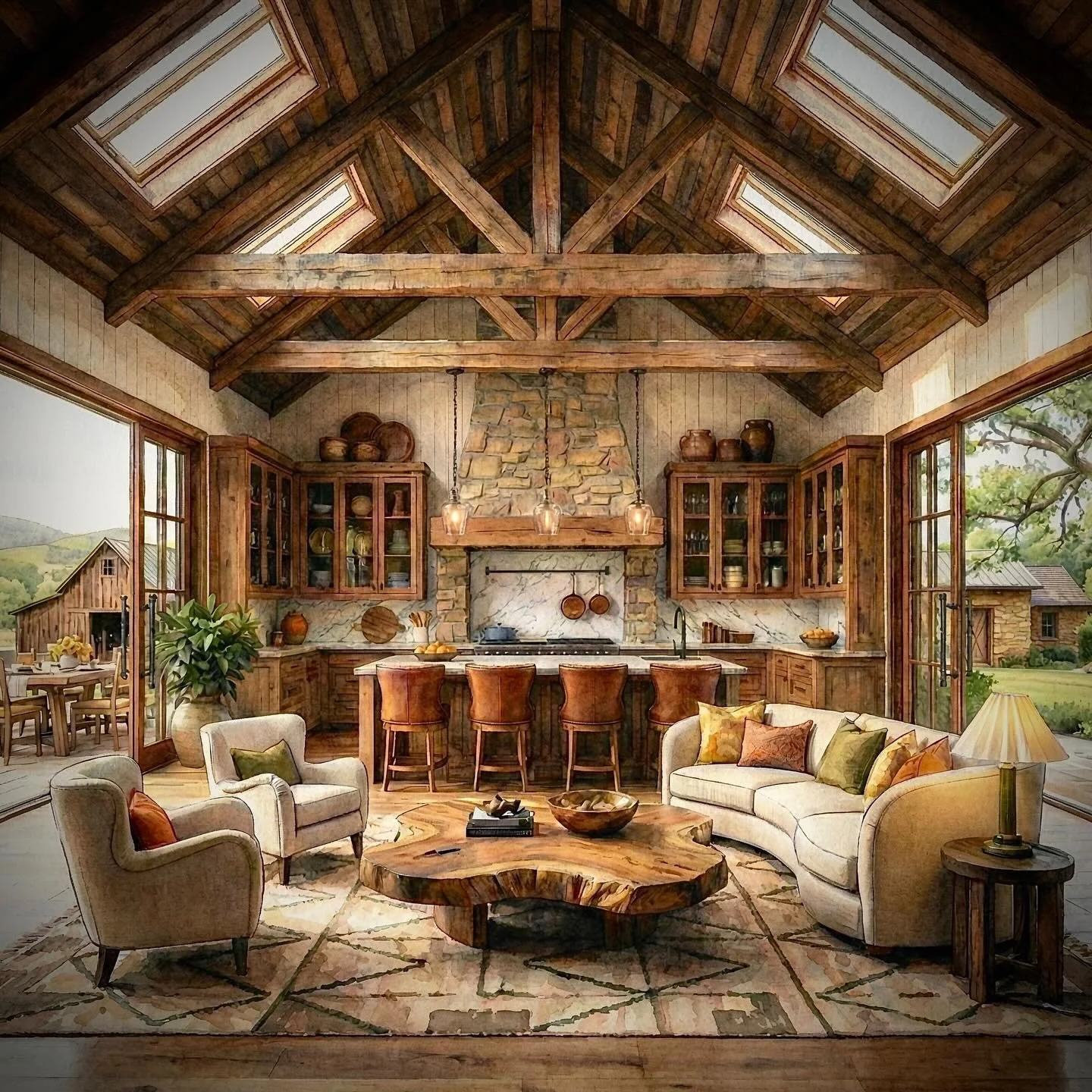 Here is our Dorset barn conversion concept. To tie the space to its local roots, we added a Dorset stone-clad chimney breast for the kitchen range. The result is a rustic yet charming space with soft, contemporary furniture that blends seamlessly wit