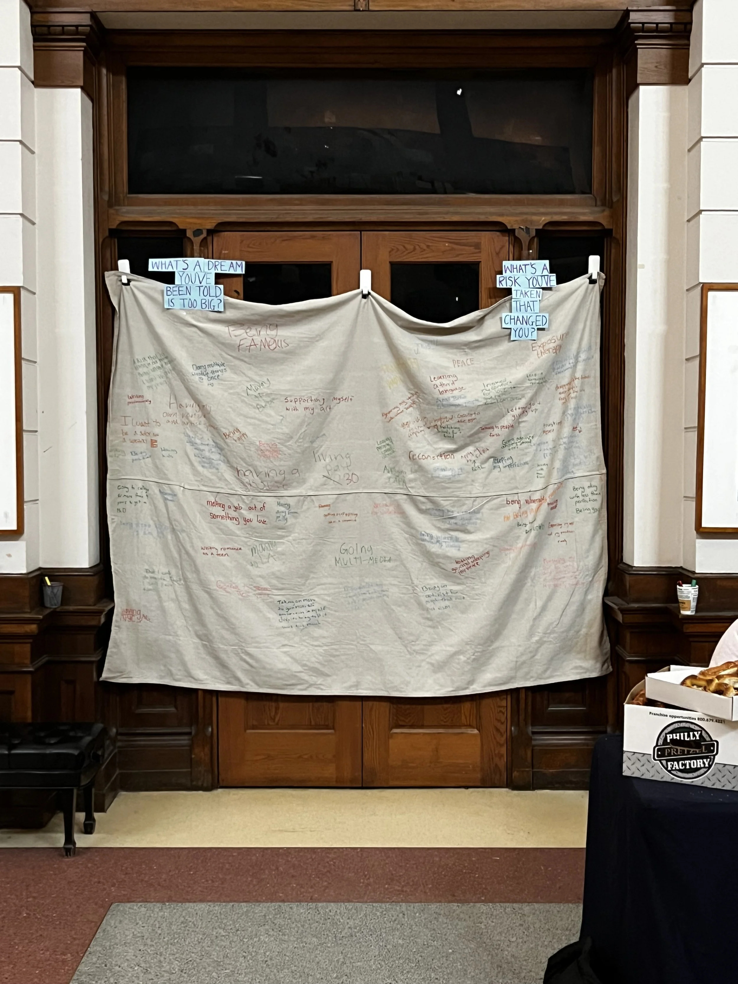 Textual tapestry hung in Grand Hall