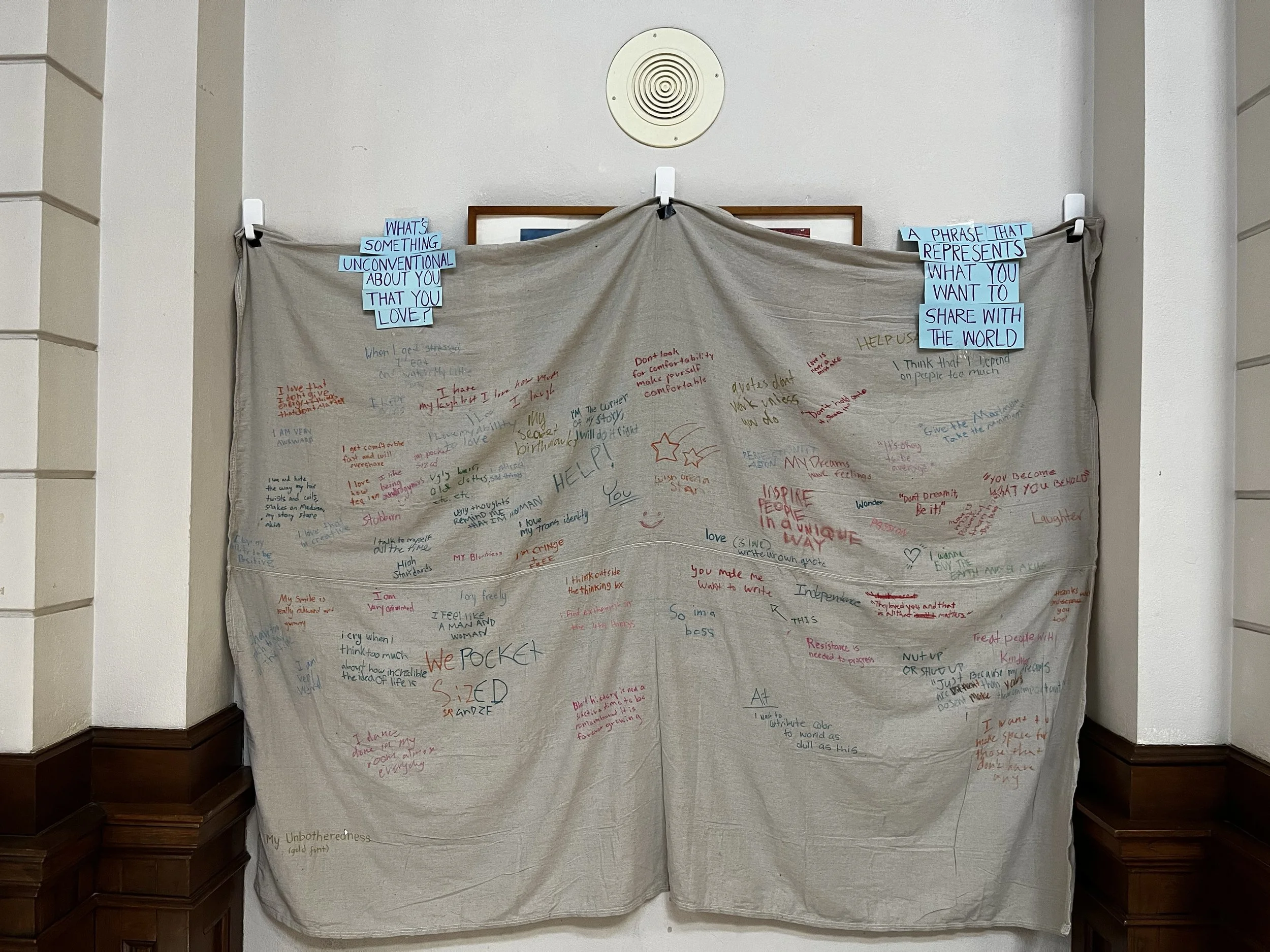 Textual tapestry hung in Grand Hall