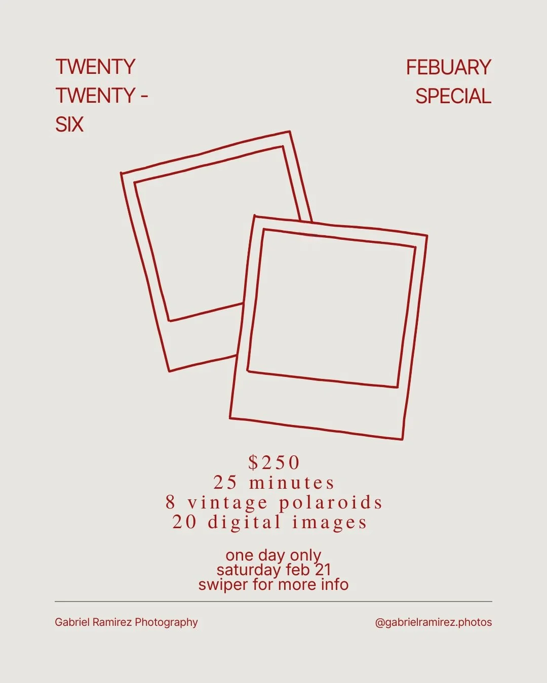 hello southern oregon !!

hosting mini sessions febuary 24th
yes, it&rsquo;s febuary. people do valentine&rsquo;s shoots all the time. but instead of only walking away with digital images, we&rsquo;ll be shooting with an emphasis on polaroids!

(just