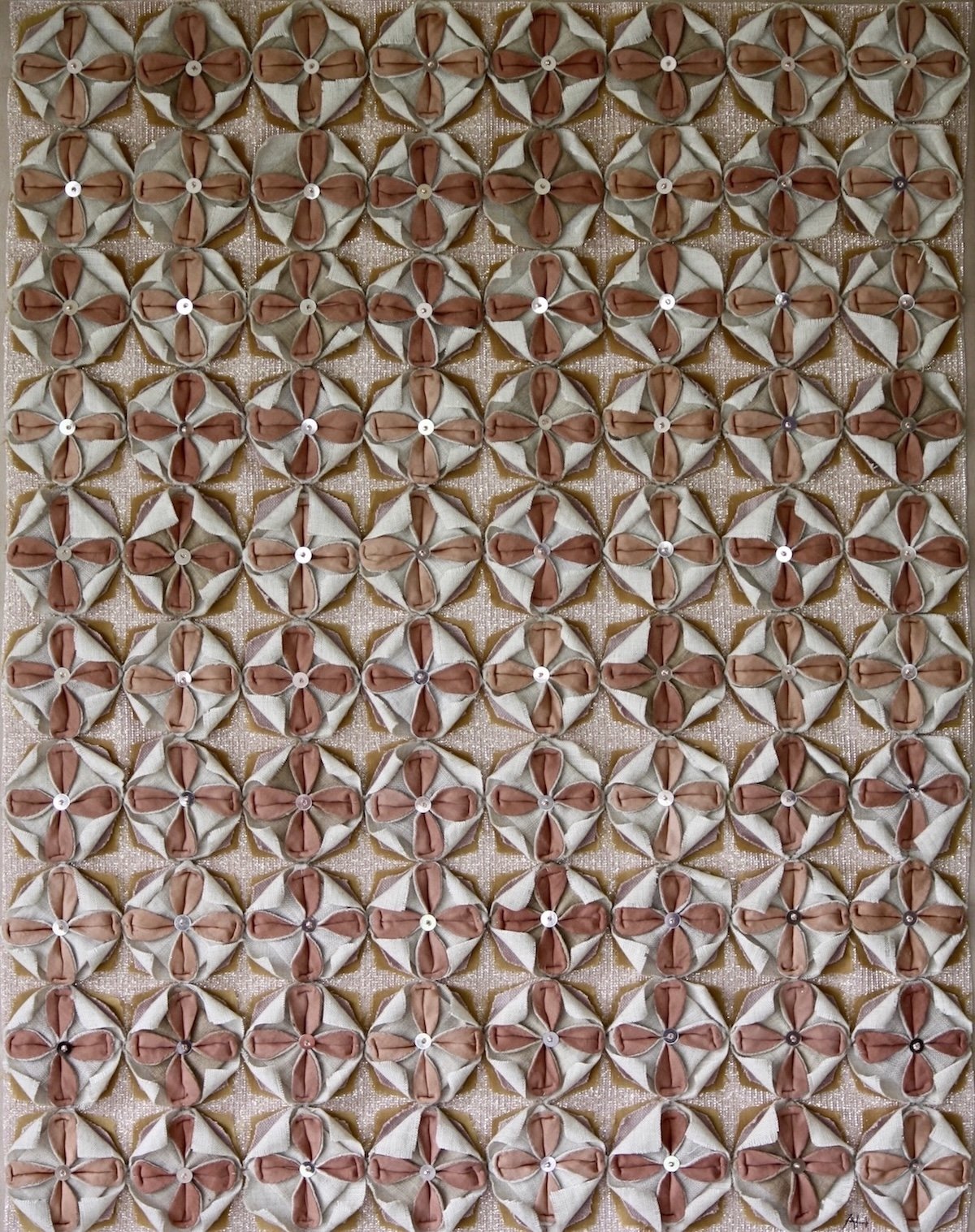 "In the Soft Silence of Bloom" 2026 (Linen, silk and synthetic fabrics, glass beads, sequins) 41 x 51cm (in oak wood frame with Artglass 52 x 62cm) 