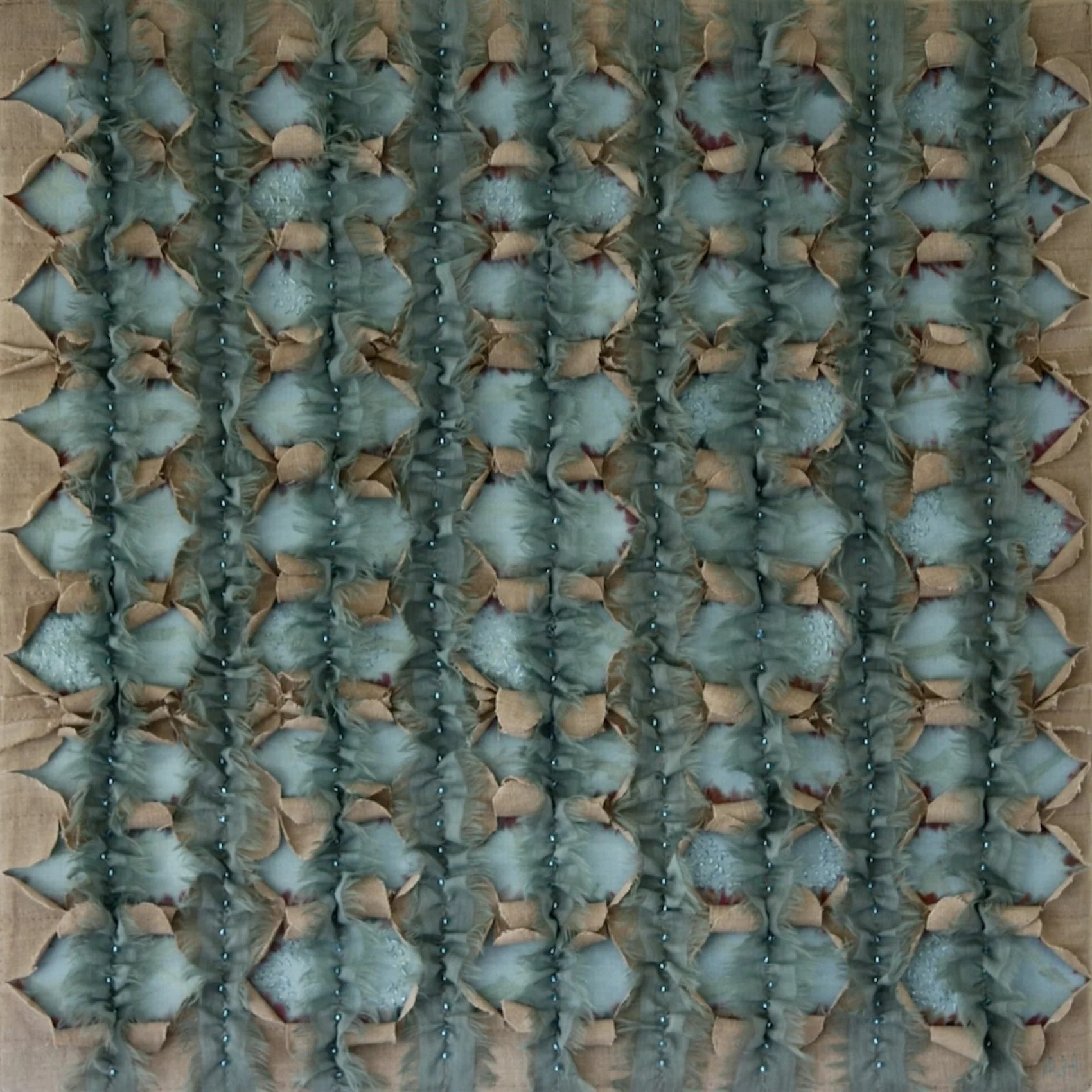 "The Glittering Shoal, Pumicestone Passage" 2025 (Recycled linen and silk fabrics, glass beads) 41 x 41cm (in oak wood frame with Artglass 44 x 44cm) 