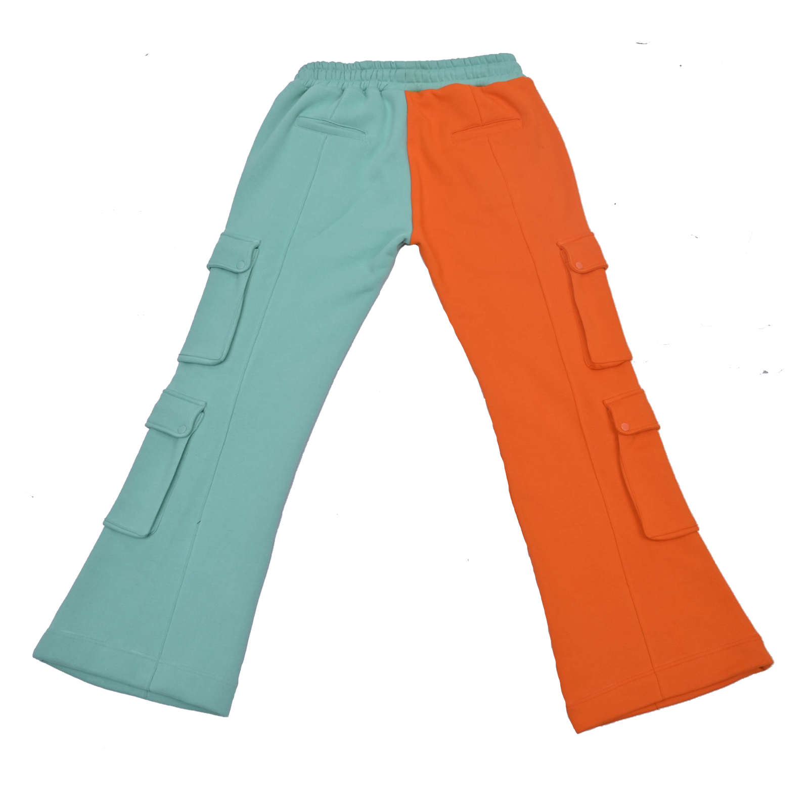 seafoam orange cargo flare pants back.png