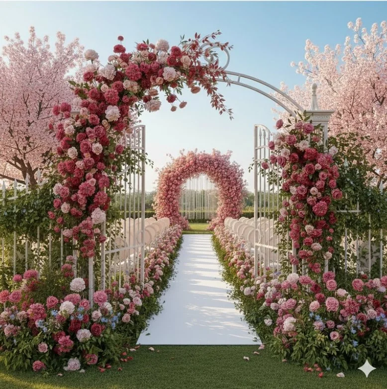 A wedding aisle adorned with pink and white floral arrangements leading to a floral arch under a white metal gate, surrounded by blooming pink cherry blossom trees.