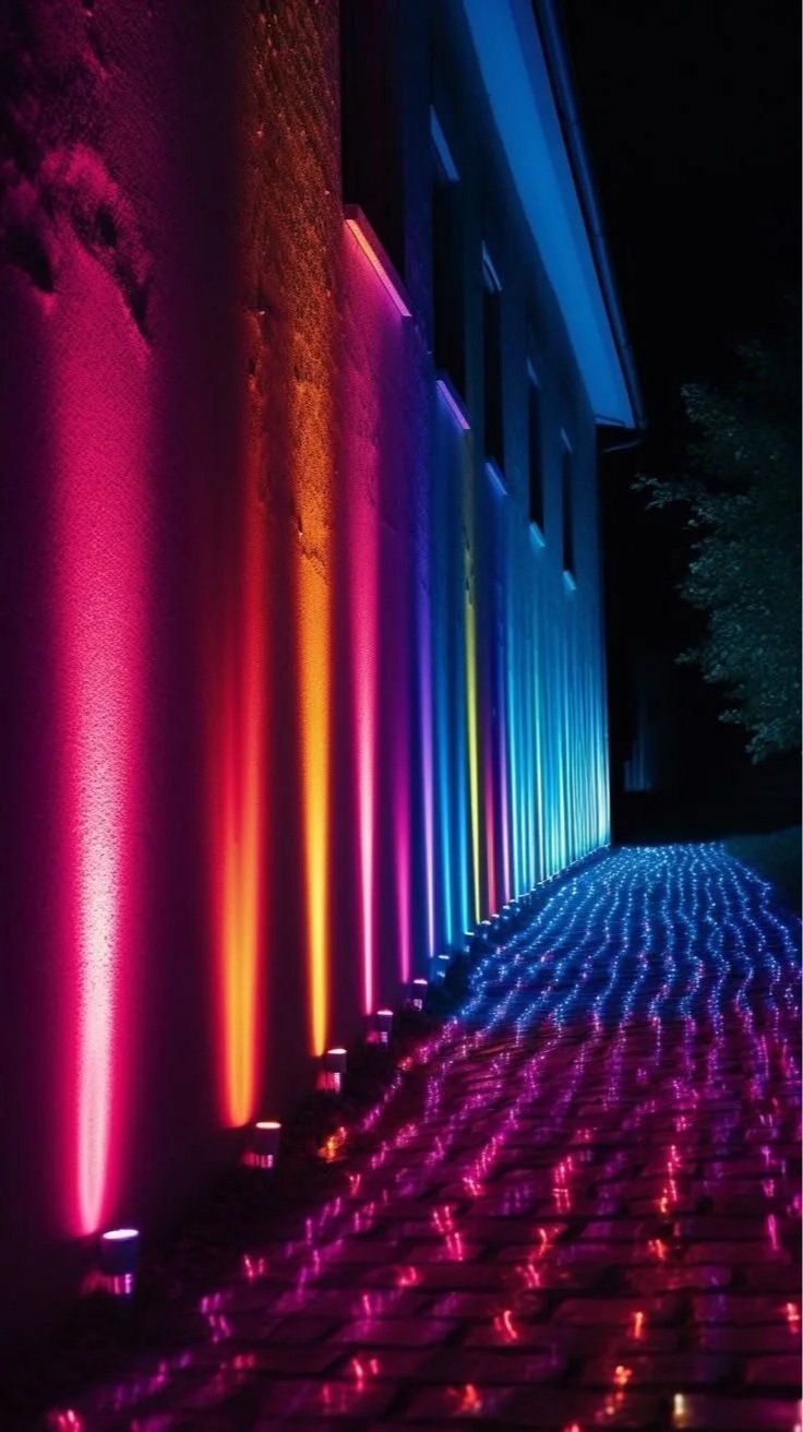 Nighttime scene featuring a building with colorful vertical rainbow light display and a pathway illuminated with multicolored LED lights.