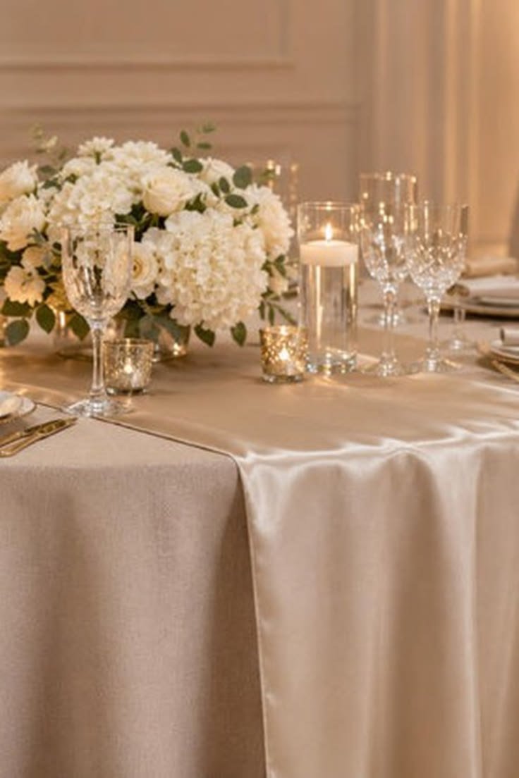 Elegant table setting with a floral centerpiece, candles, glassware, and gold-accented plates on a satin tablecloth.