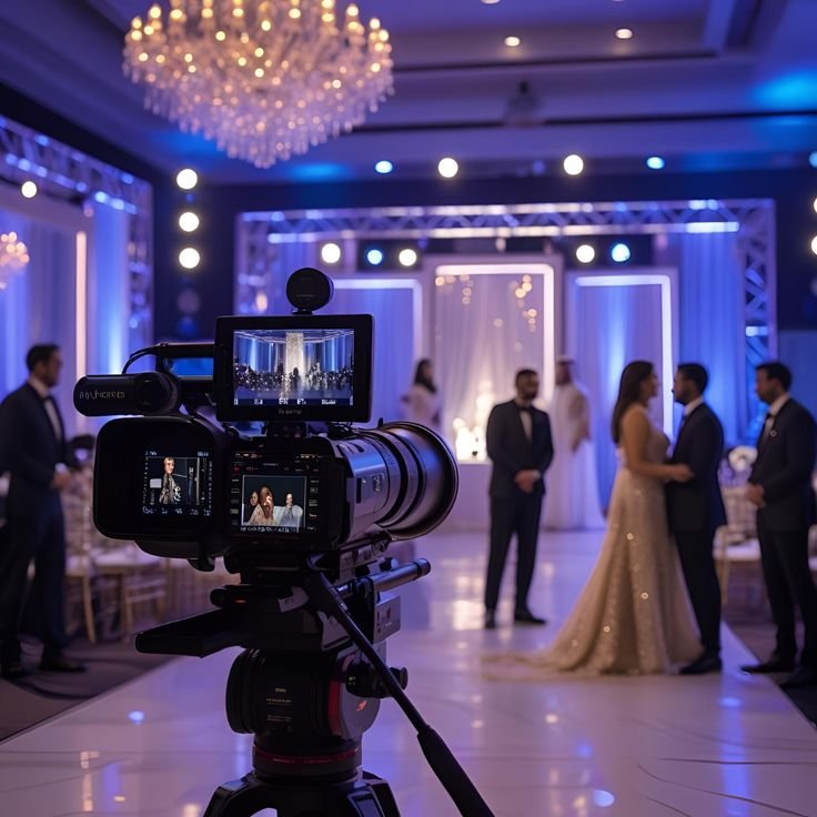 Wedding reception with a camera recording the couple exchanging vows, decorated with elegant lighting and a chandelier.