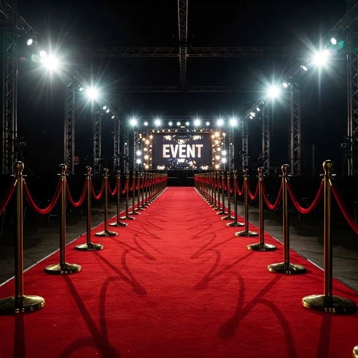 Red carpet aisle with gold stanchions and red velvet ropes leading to a stage that has a large screen displaying the word 'EVENT' in a brightly lit setting.