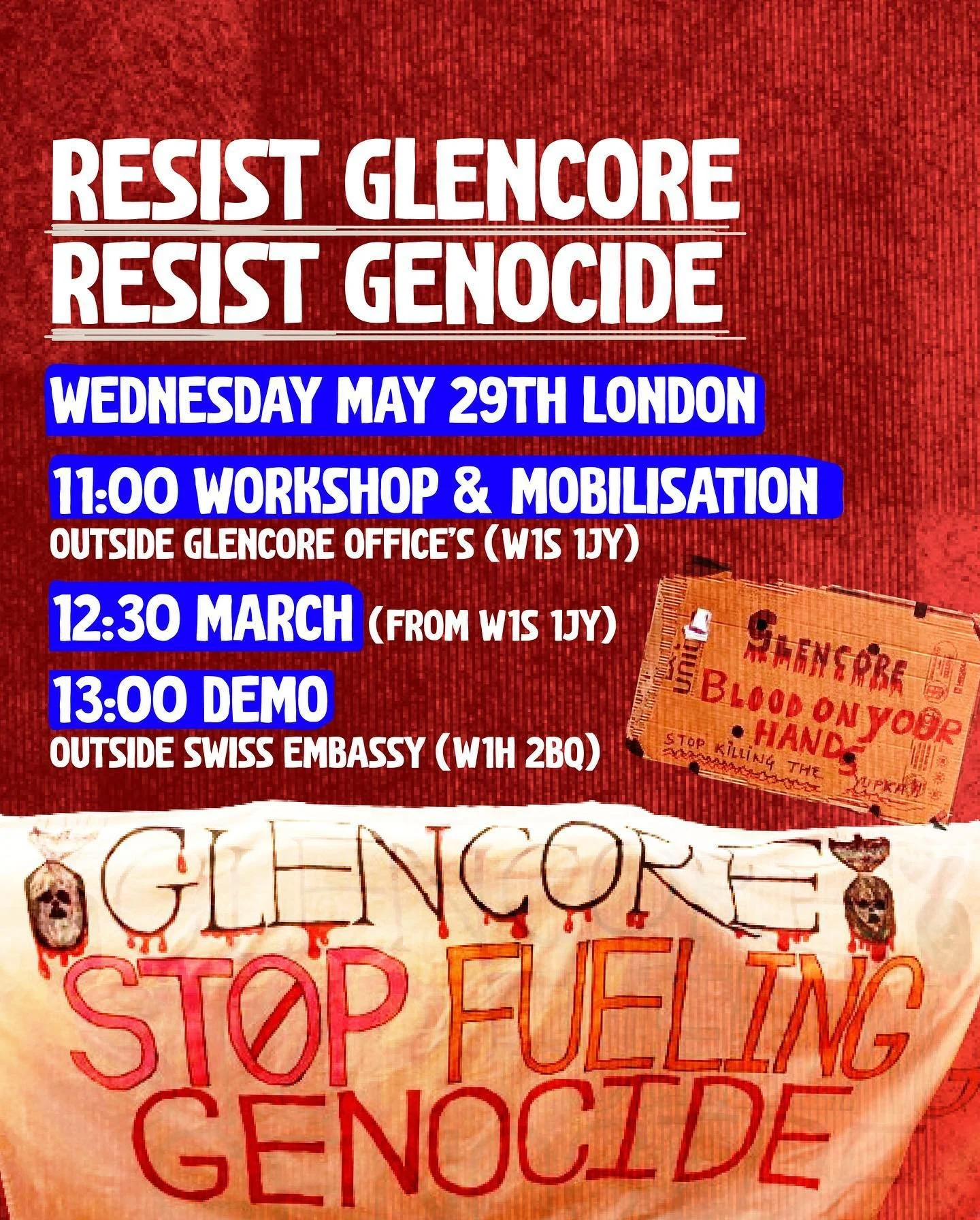📢 MOBILISATION📢
Glencore: Stop Fueling Genocide
Please join whenever you can.

⏰11am-1:30pm Wednesday 29th May

📍18 Hanover Sq. W1S 1JY
&amp; Swiss embassy.

🇵🇸🇨🇴The Swiss multinational Glencore is destroying indigenous communities in *Colombi