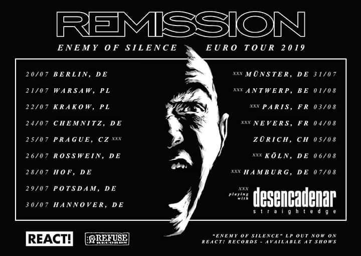 Remission are currently on their second European Tour, promoting their last album 'Enemy of Silence'. Go see them if you're around, you won't be disappointed. @remissionhardcore