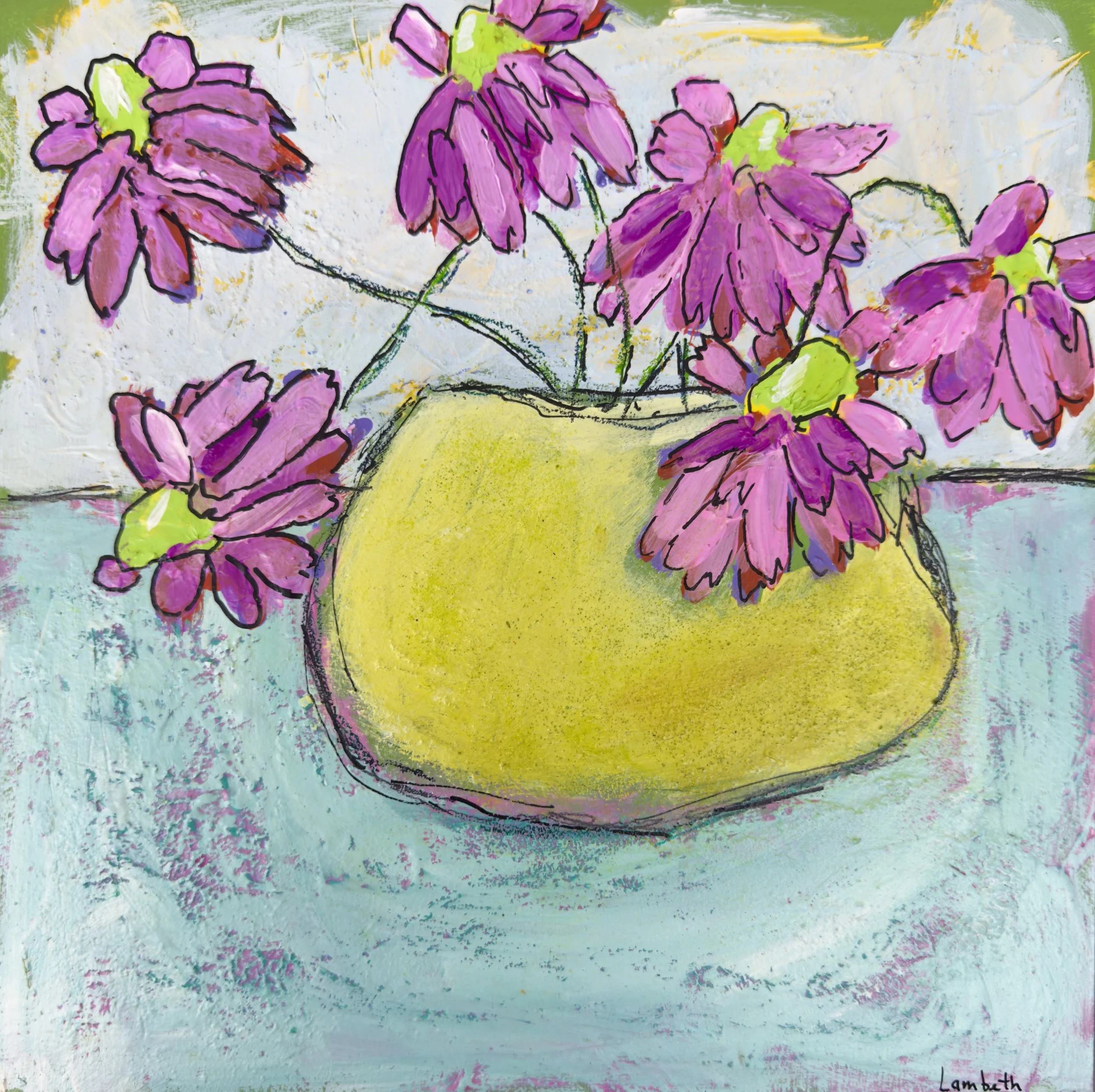 Brightly colored abstract painting of pink flowers with green leaves in a yellow container against a textured light background, signed by the artist Lambuth.