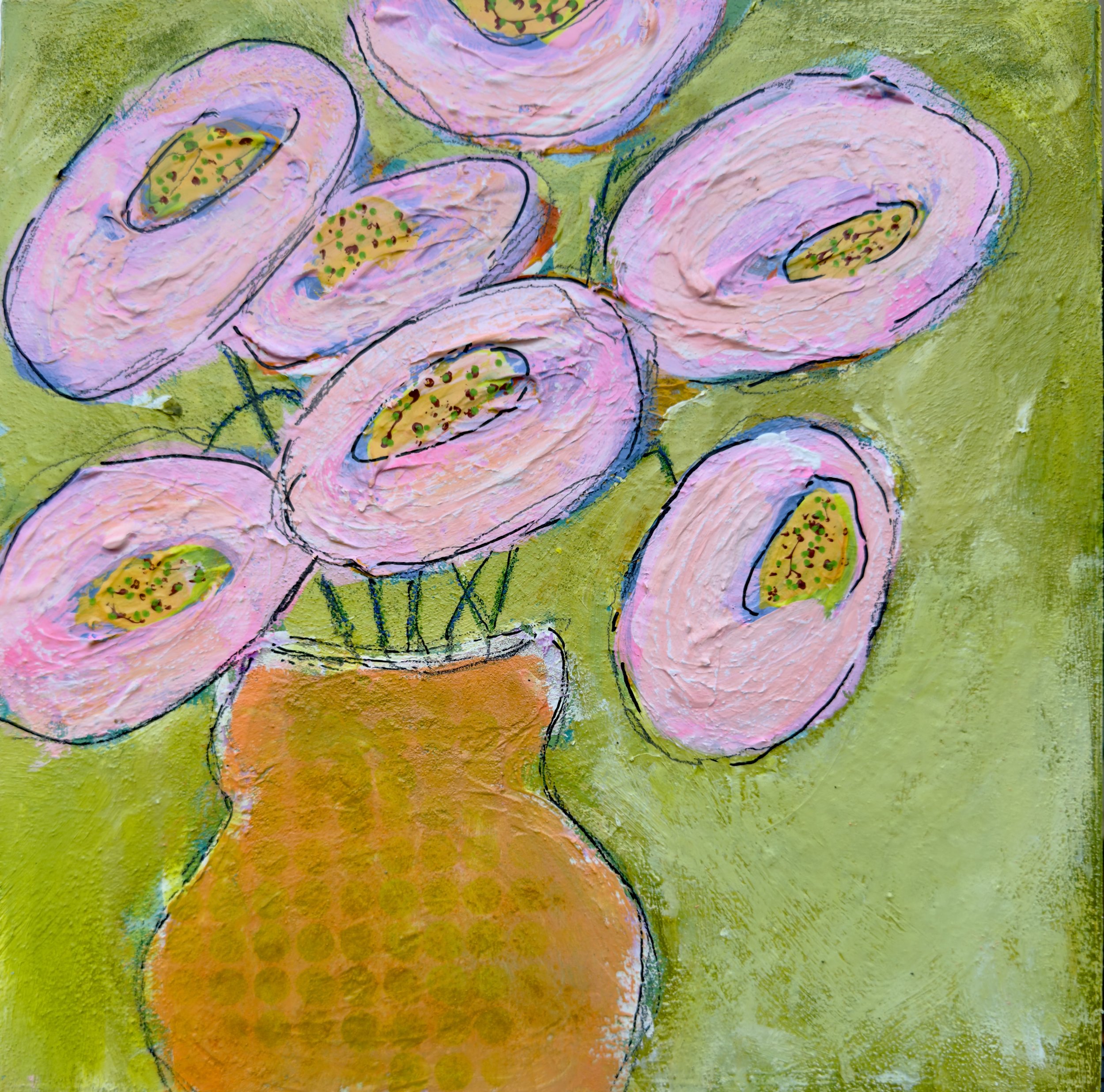A colorful abstract painting featuring pink and orange flowers with yellow centers and green dots, outlined in black, set against a green background.