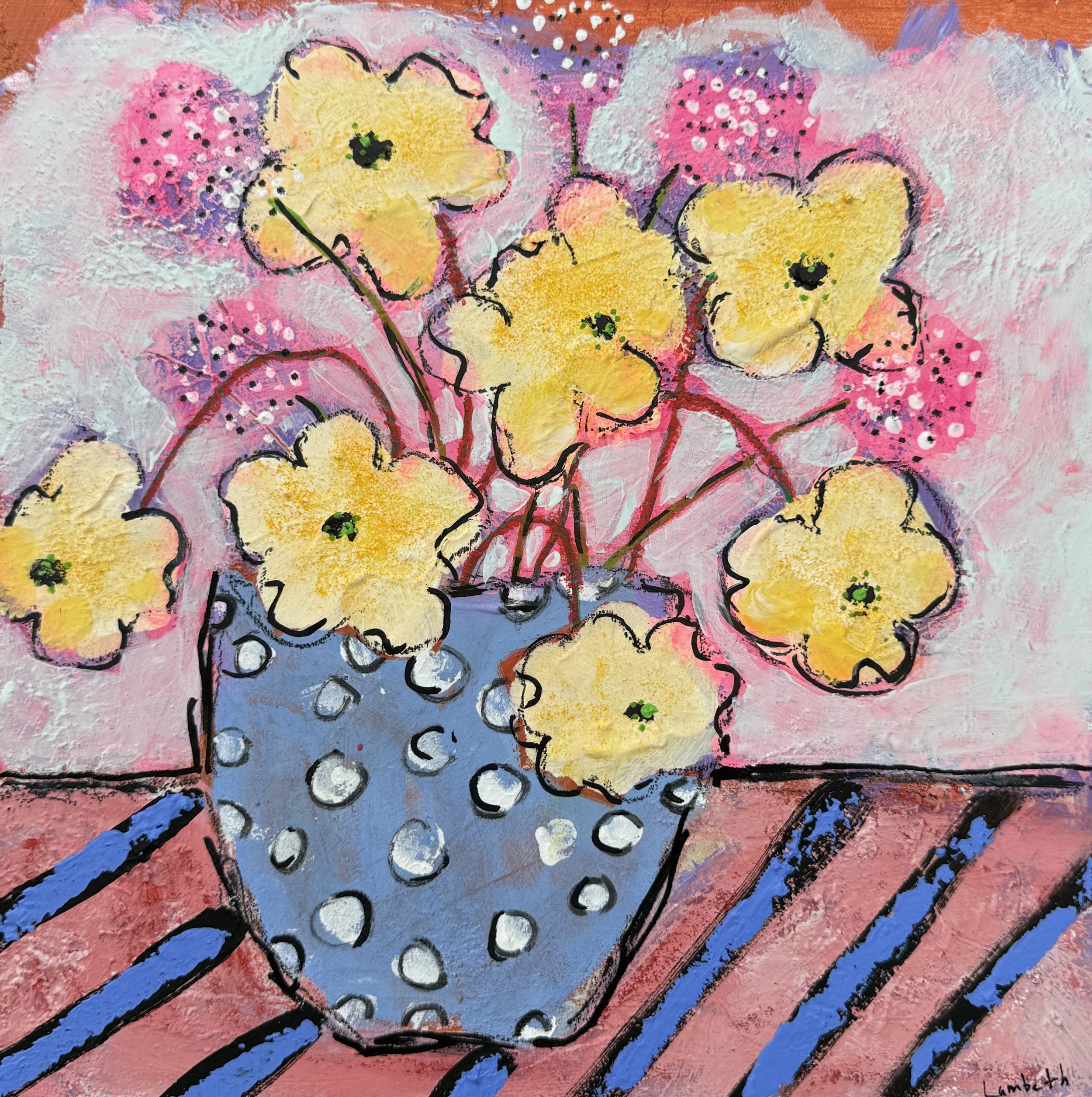 Abstract painting of a hand holding a bunch of yellow flowers with black centers, set against a pink, purple, and blue background with white dot accents.
