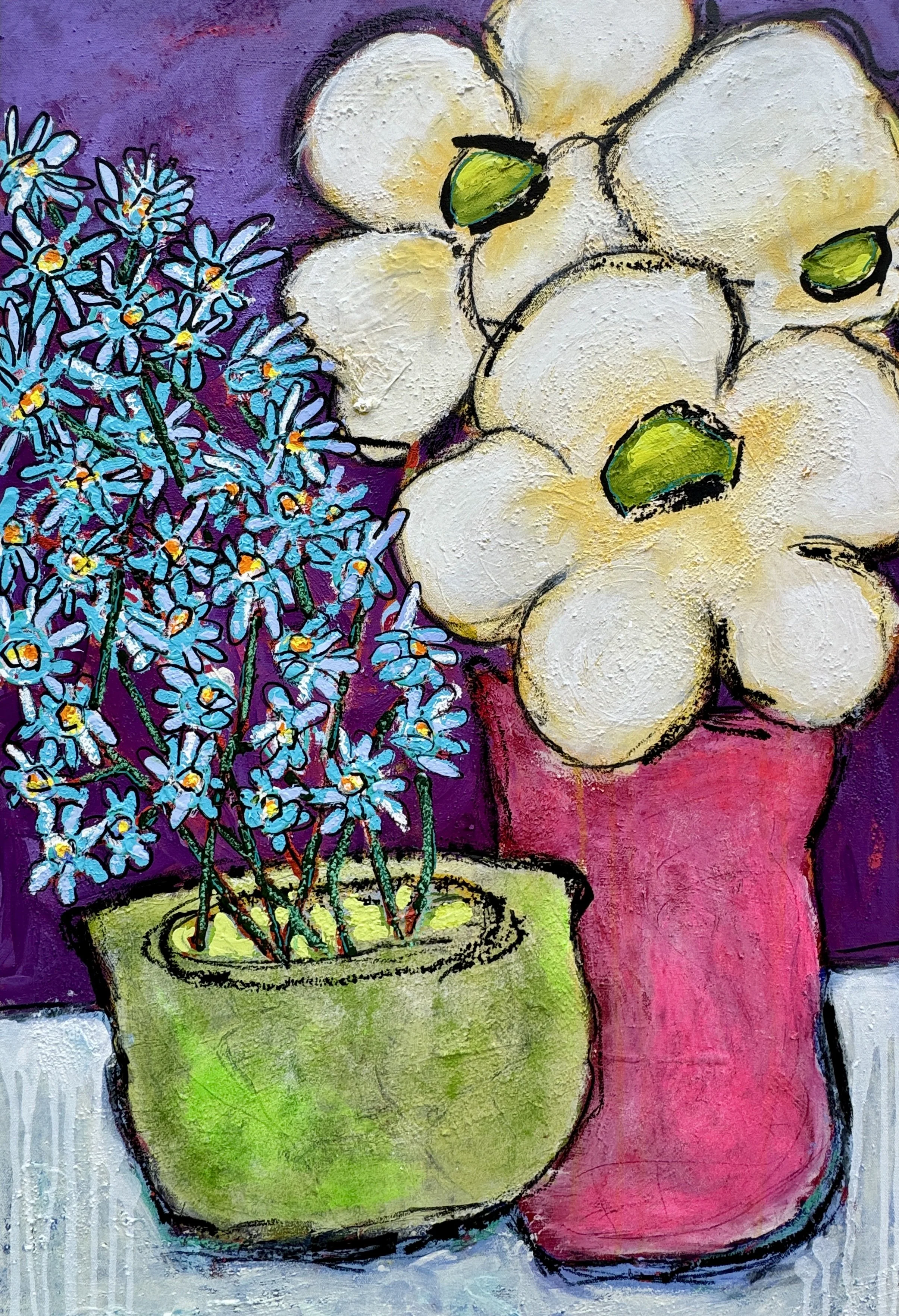 A colorful abstract painting of a potted plant with blue flowers on the left and a pink vase on the right, against a purple background.