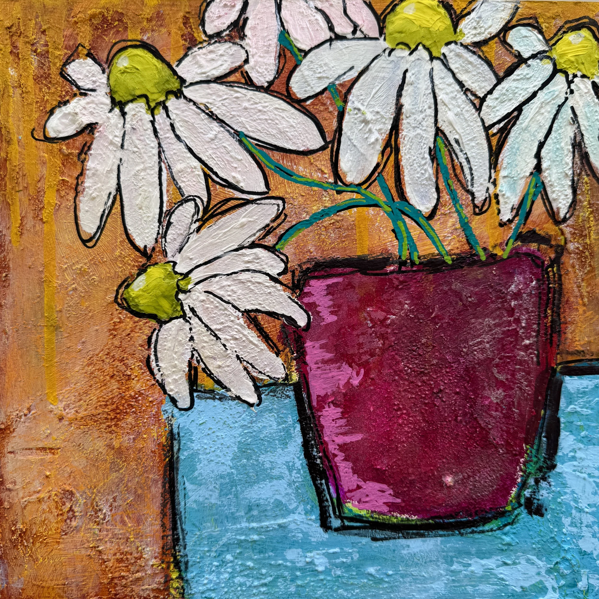 Close-up of an abstract painting featuring white flowers with yellow centers, outlined in black, on a textured background with vibrant colors including orange, pink, blue, and green.