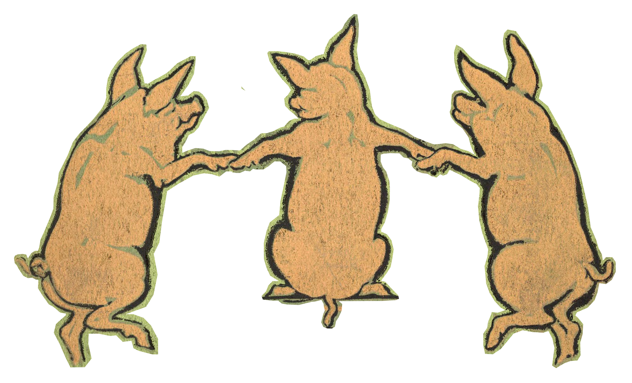 Three orange cartoon pigs holding hands in a circle.