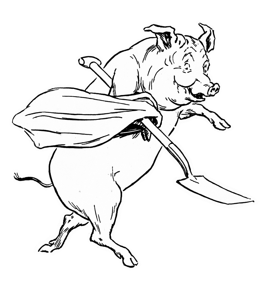 A cartoon pig running with a gardening shovel and towel.