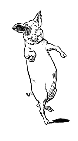 Line drawing of a smiling pig standing on its hind legs with one front paw raised.