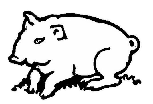 Black and white illustration of a pig with a simple outline, facing to the left.