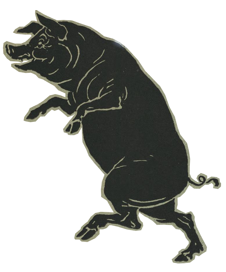 Silhouette of a pig standing on its hind legs with front paws raised, facing left.
