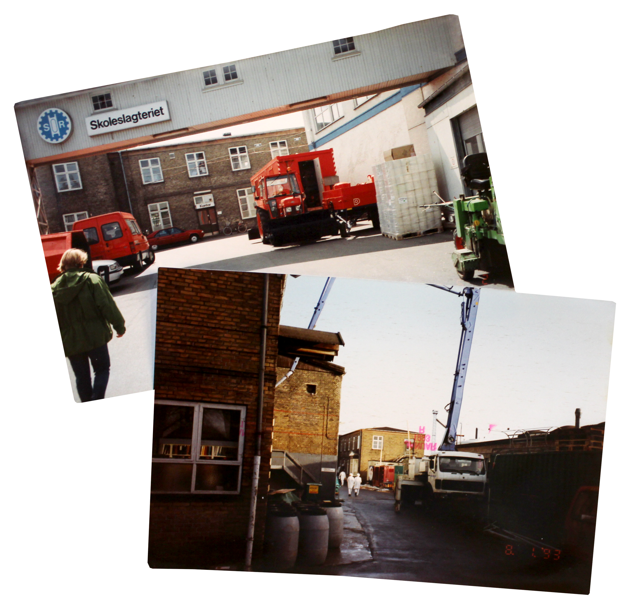 Collage of photos depicting street and building scenes with construction and vehicles, including a red tractor, a person walking, and a building with a sign that reads Skoleslagteriet.