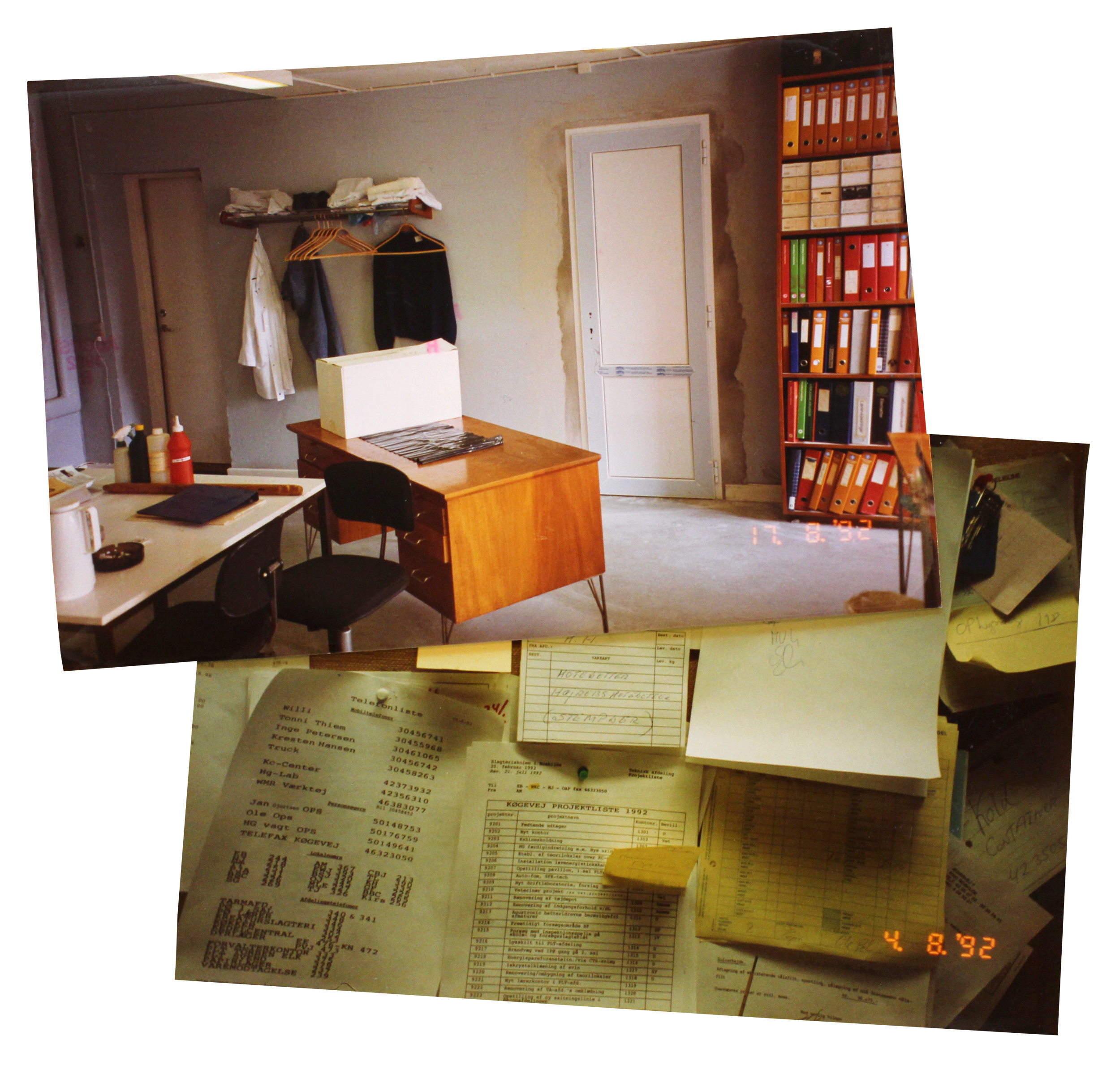 Old vintage pictures of the office space with a wooden desk, black chairs, a shelf with folders, some clothes hanging on a rack, and various papers and office supplies on a table in the foreground.