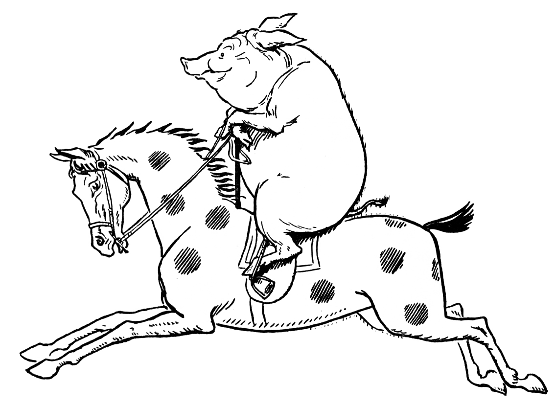 A black and white line drawing of a pig riding a spotted horse.