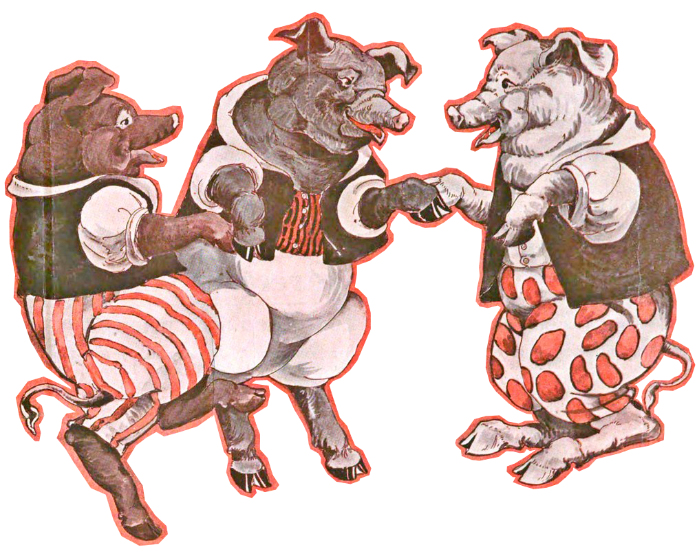 Three pigs dressed in red. vintage clothing dancing, with one pig in striped pants, another in a vest and striped shirt, and the third in polka dot pants.