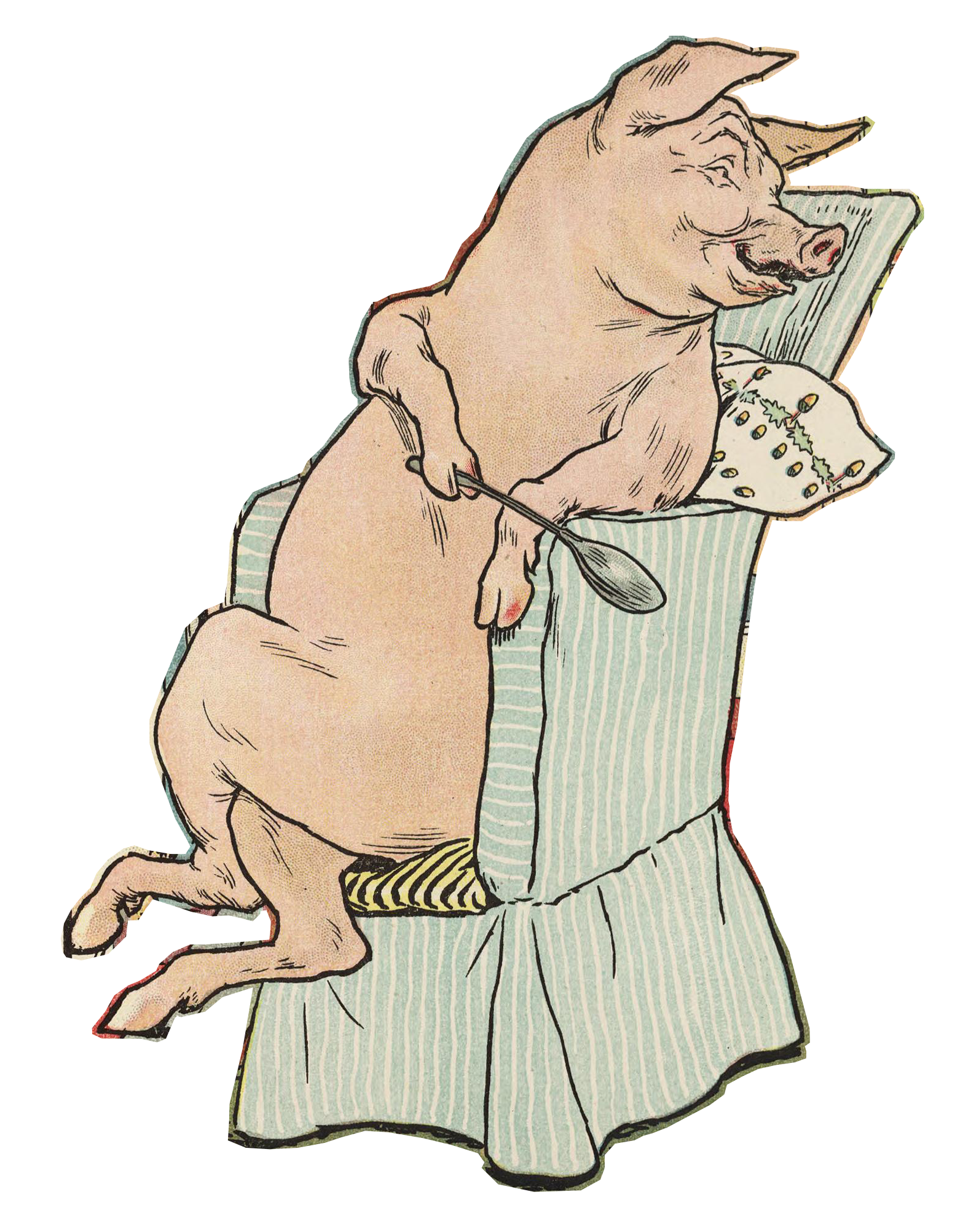 Cartoon pig dressed as a chef holding a spoon sittting in an armchair.