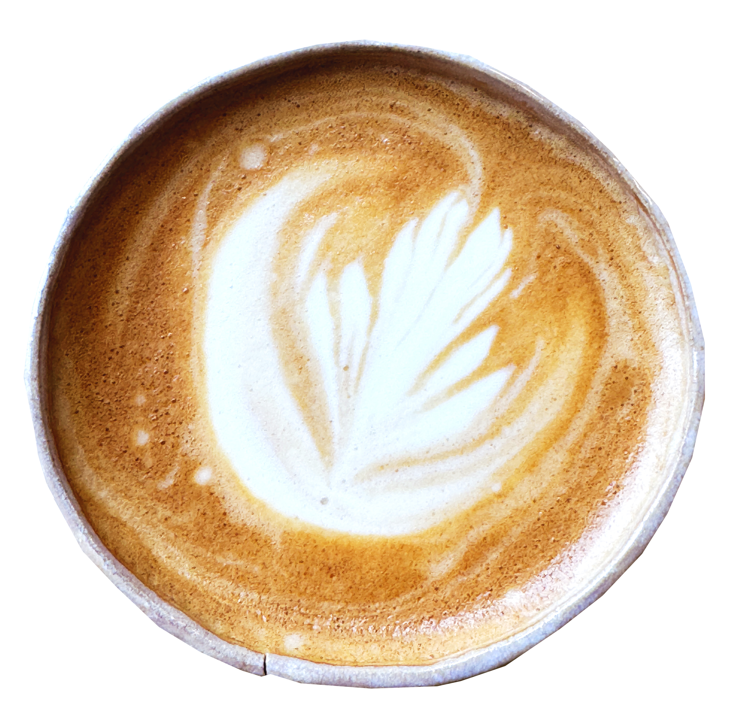 A cup of coffee with latte art in the shape of a leaf.