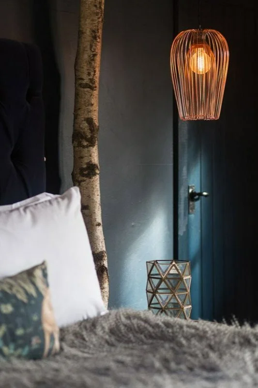 detail shot of bedside table looking across bed with pendant lamp, navy walls, teal pillow, fur blanket on bed