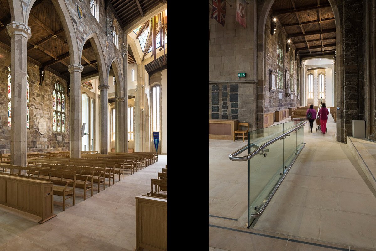 left: portrait of main nave in Sheffield cathedral, right: newly renovated Sheffield cathedral 