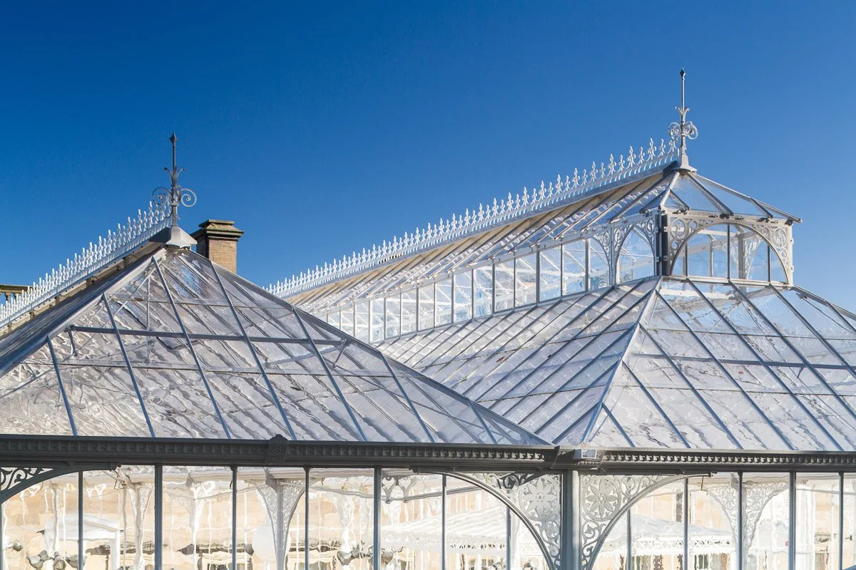 top half of wentworth castle conservatory, intricate metalwork with thin panes of glass