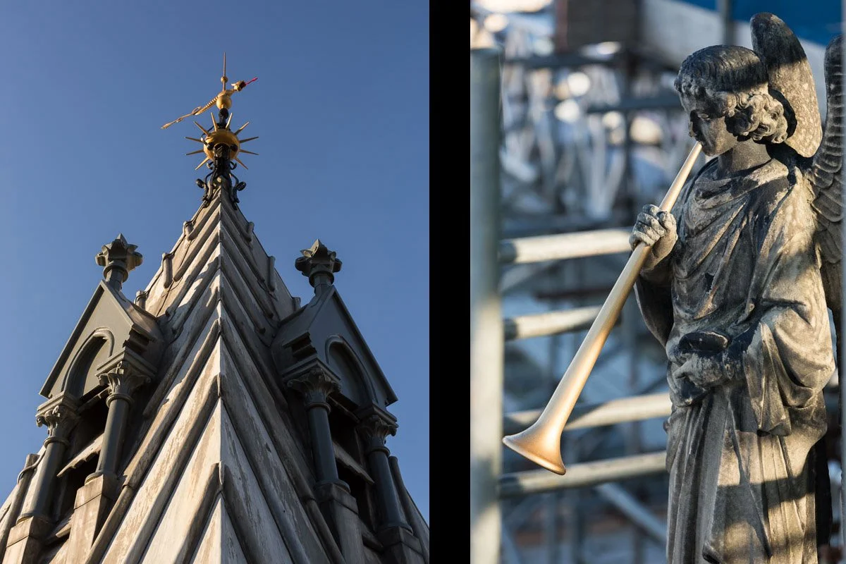 image on left: detail of spire on bradford city hall, image on right: detail of statue playing trumpet 